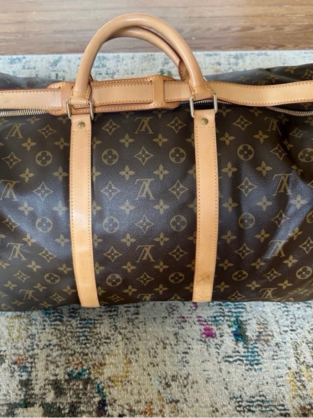 Louis Vuitton Brown Canvas Travel Duffle with Tan Leather Trim